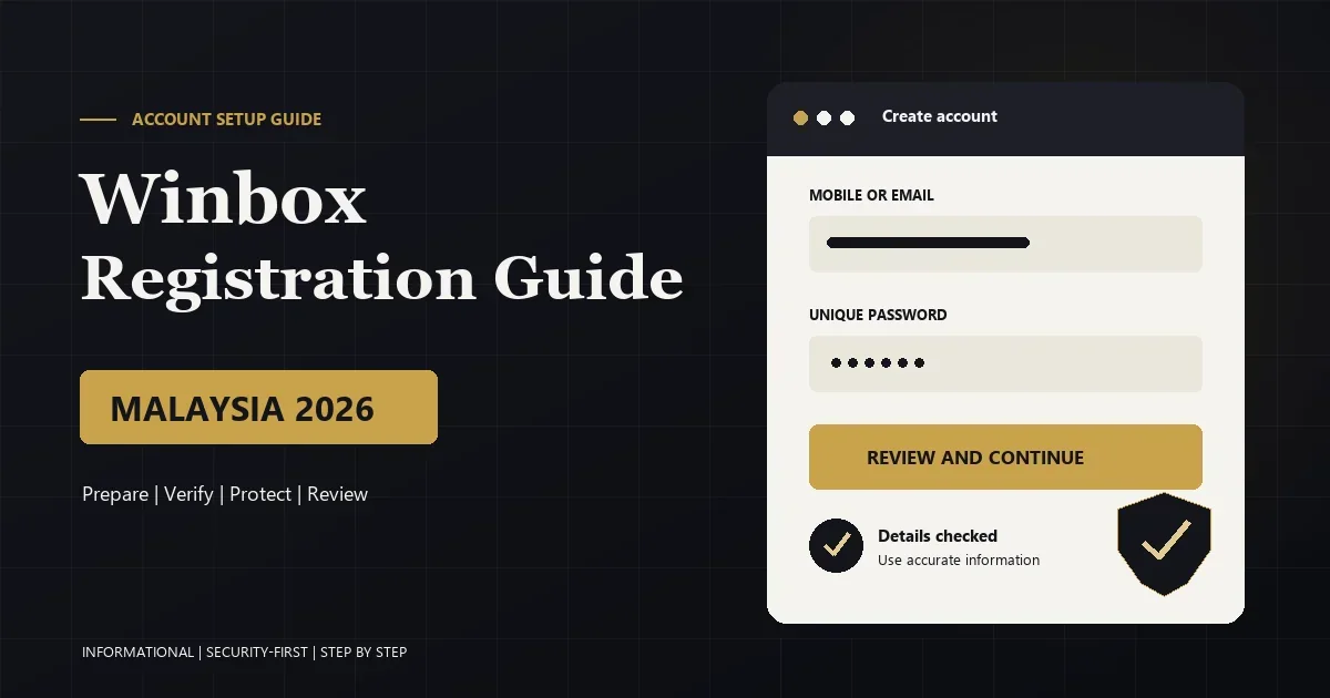 Winbox registration guide showing an account form, progress steps and security shield