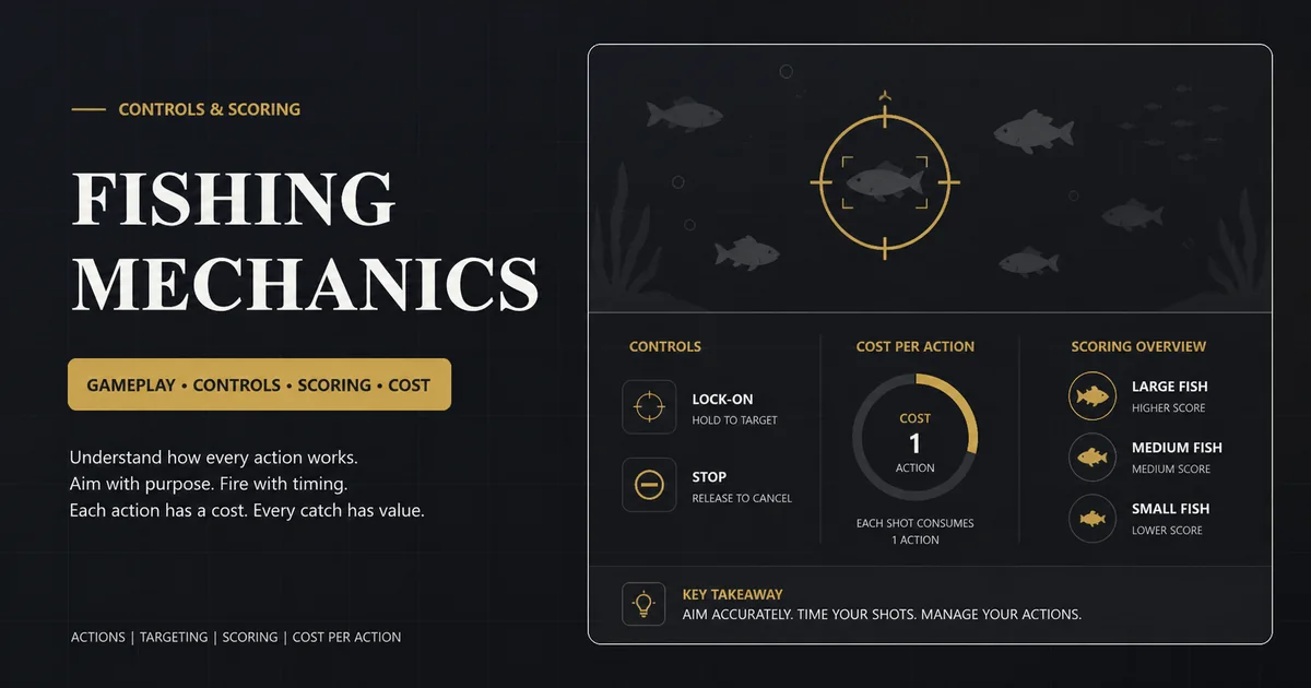 Arcade fishing game mechanics diagram with underwater targets controls and scoring indicators