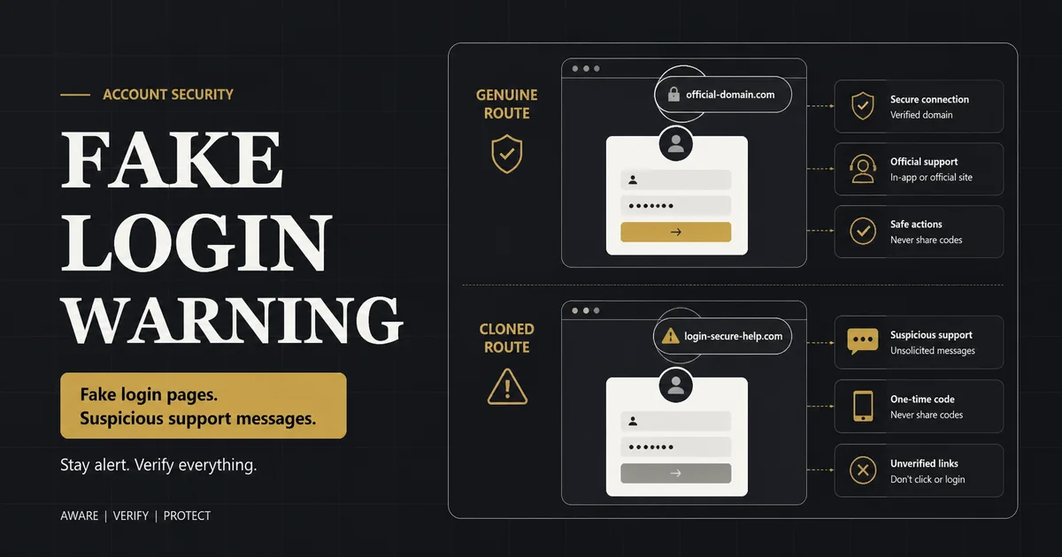 Fake casino login warning with cloned browser page shield and suspicious message icons