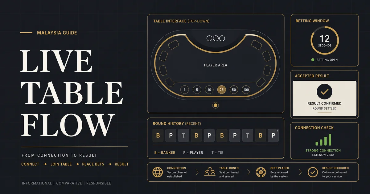 Live dealer table flow diagram with betting timer cards and connection status icons
