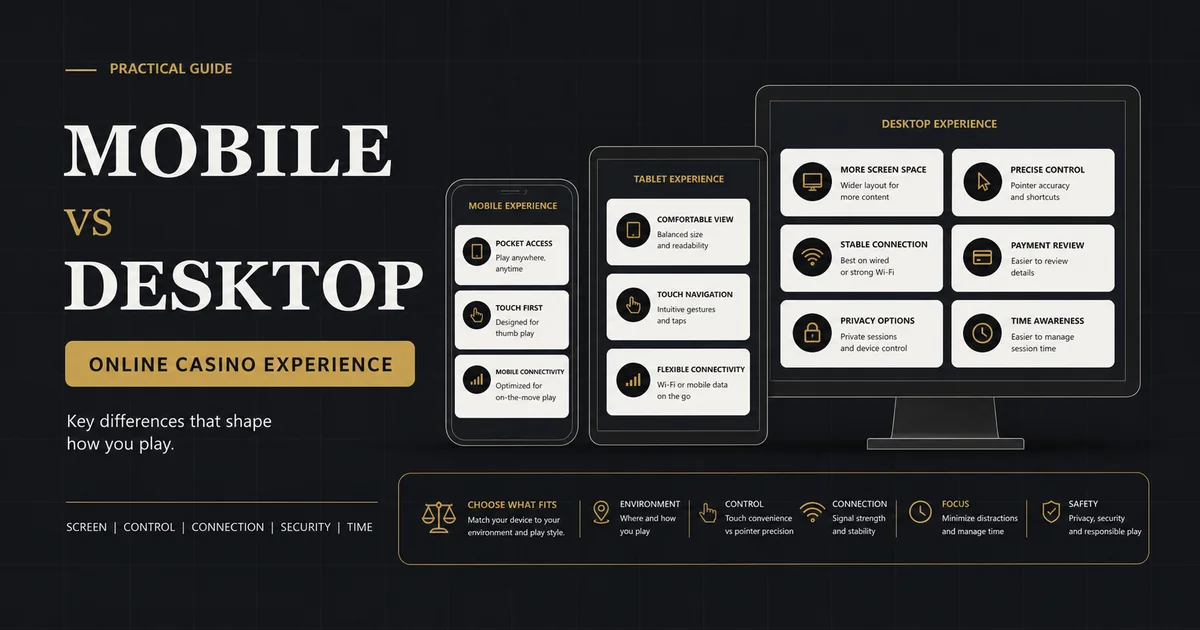 Mobile and desktop online casino interface comparison on phone tablet and monitor