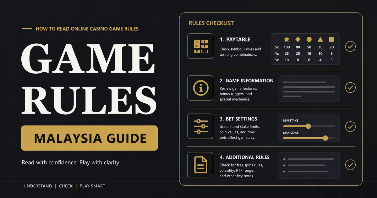 Online casino game rules checklist with paytable cards and information icons