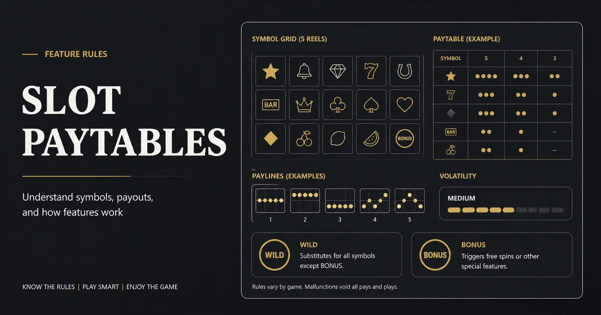 Slot paytable guide with reels symbol grid and information panel