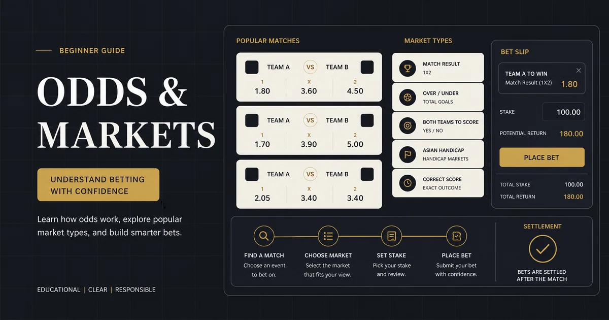 Sports betting odds guide with match cards market labels and bet slip